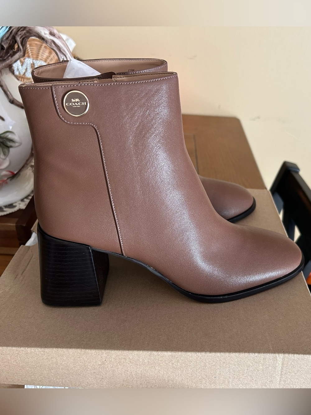 Coach Taupe Brown Leather Block Heel Booties
